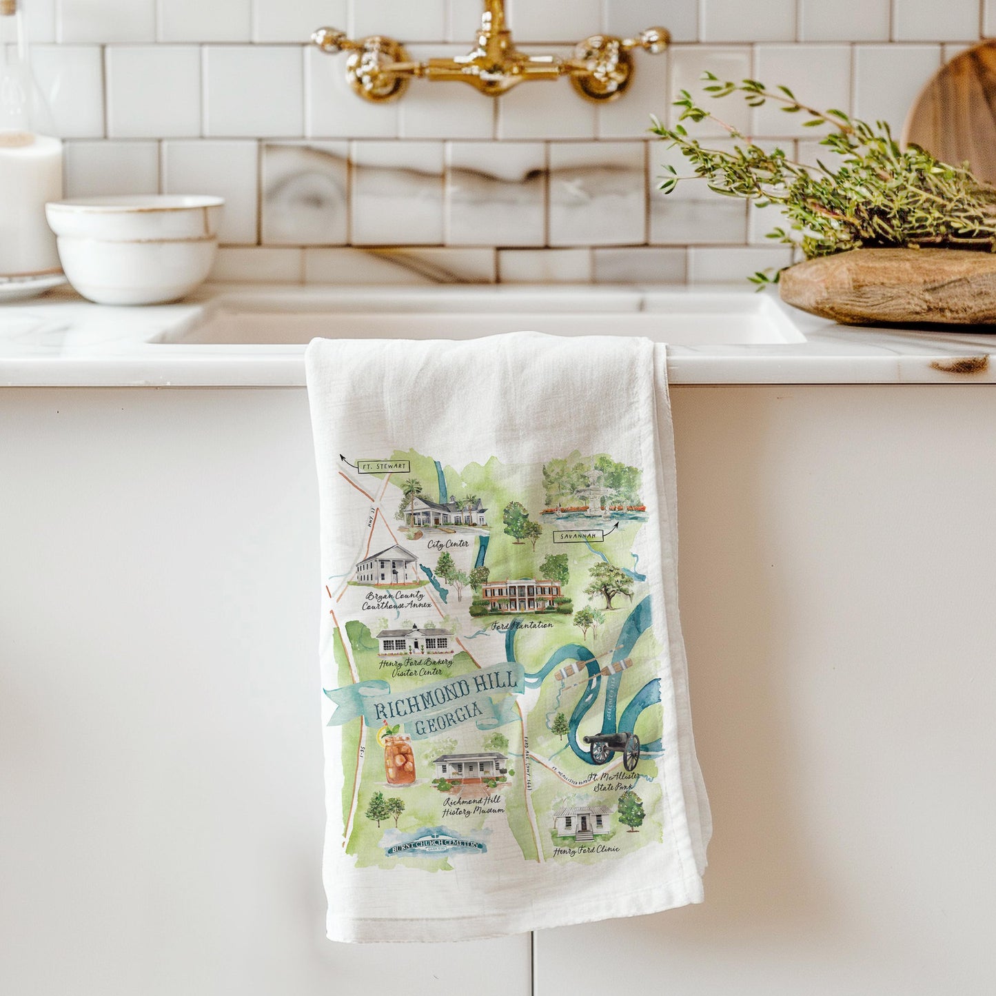 Richmond Hill, GA Watercolor Map Tea towel