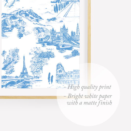 Travel inspired Toile de Jouy Watercolor Print