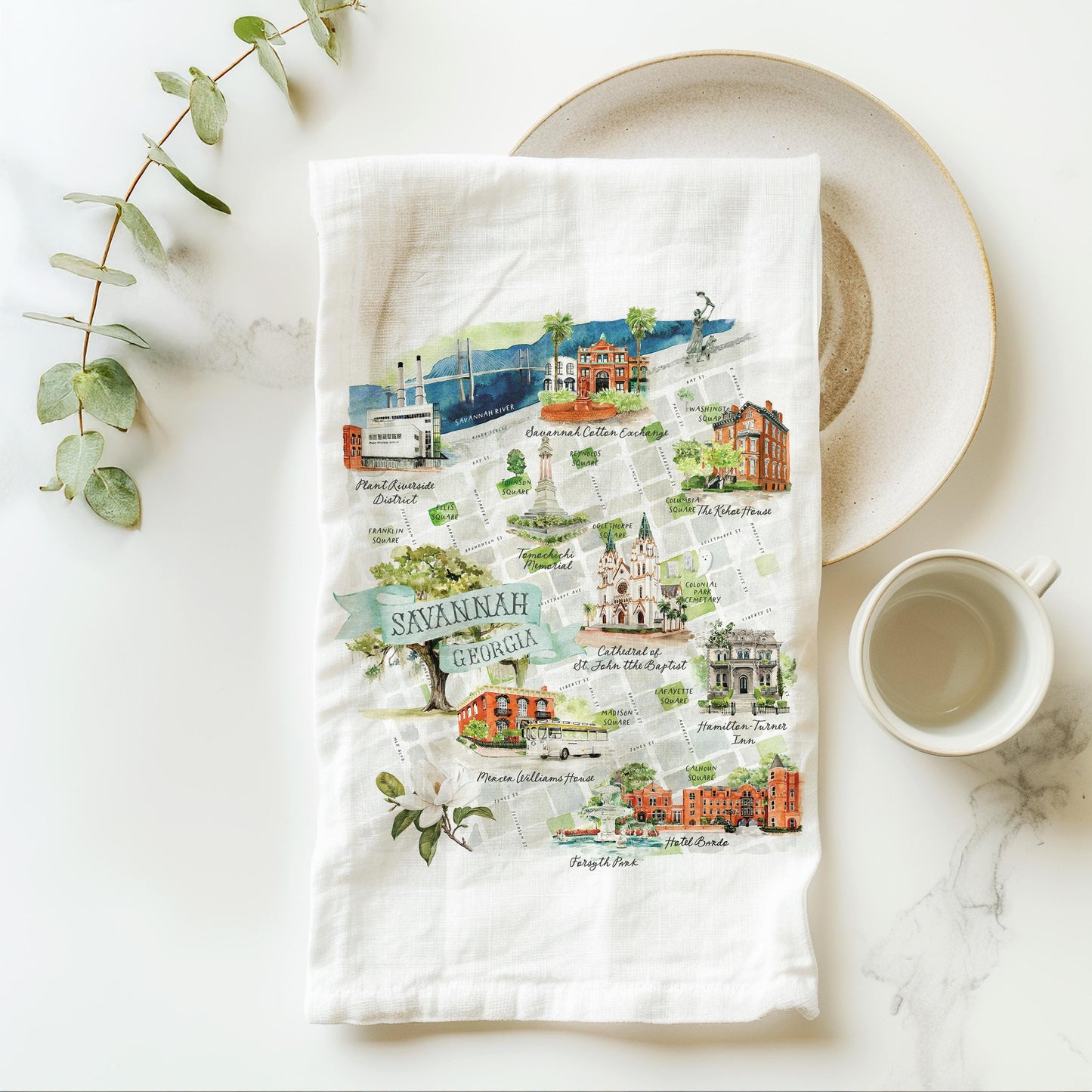 Savannah Georgia Watercolor Map Tea towel