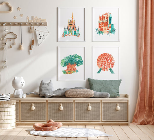 Disney World Parks Watercolor Print Set