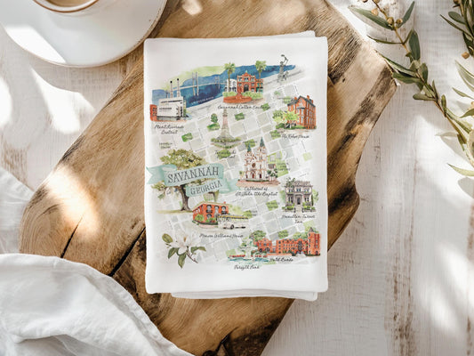 Savannah Georgia Watercolor Map Tea towel