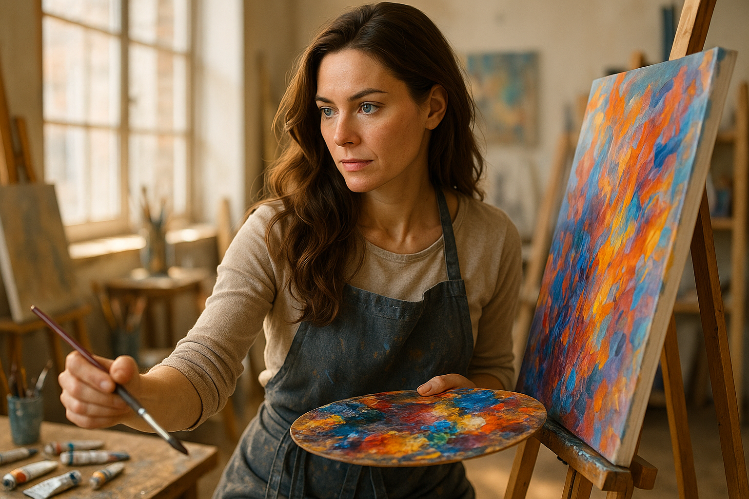 long brown hair, blue eye 35 year old woman painting